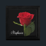 Personalised Red Rose Trinket Box<br><div class="desc">This customisable black jewellery box has a single red rose stem on it,  with a spot to add your name,  initials,  or other text. If you have any requests for changes,  or need help customising this with your text,  please email niteowlstudio@gmail.com.</div>