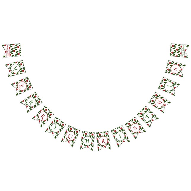 Personalised Red Roses Green Holly Merry Christmas Bunting (All)