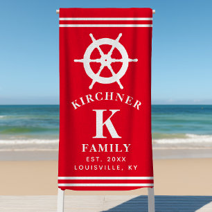 Personalised Red Ship Wheel Nautical Family Beach Beach Towel
