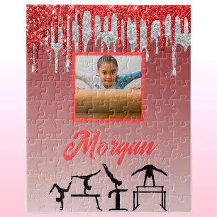Personalised Red Silver Glitter Drip Gymnastics Jigsaw Puzzle