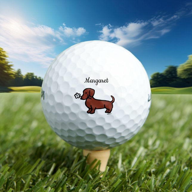 Personalised Red Smooth Dachshund Tiny flower Golf Balls (Cute Red Smooth Haired Dachshund Golf Balls for Dachshund Owners!  Doxie Cartoon Design.)