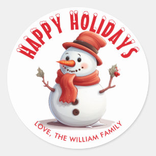 Personalised Red Snowcapped Happy Holidays Snowman Classic Round Sticker