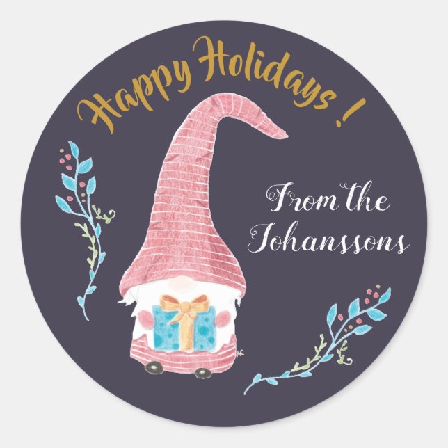 Personalised red Swedish gnome Holiday stickers (Front)