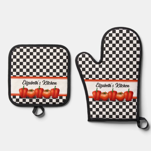 Personalised Red Tomatoes Pepper Italian Oven Mitt & Pot Holder Set (Front)
