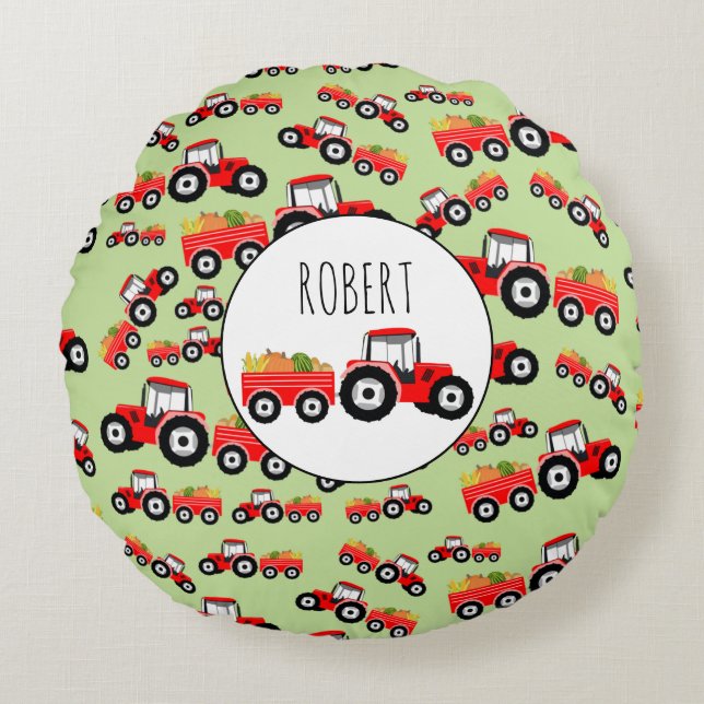 Personalised Red Tractor Truck Farm Produce Round Cushion (Front)
