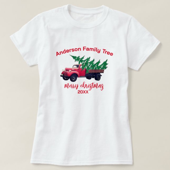 Personalised Red Truck Merry Christmas Family  T-Shirt (Design Front)