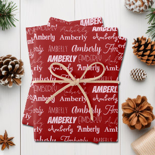 Personalised Red Typography Name Collage Christmas Wrapping Paper Sheet