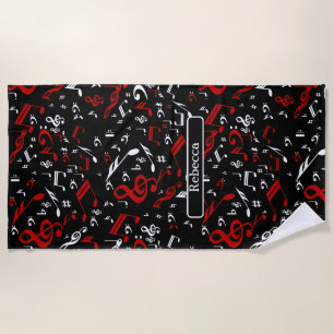 Personalised Red White and Black Musical Notes Beach Towel