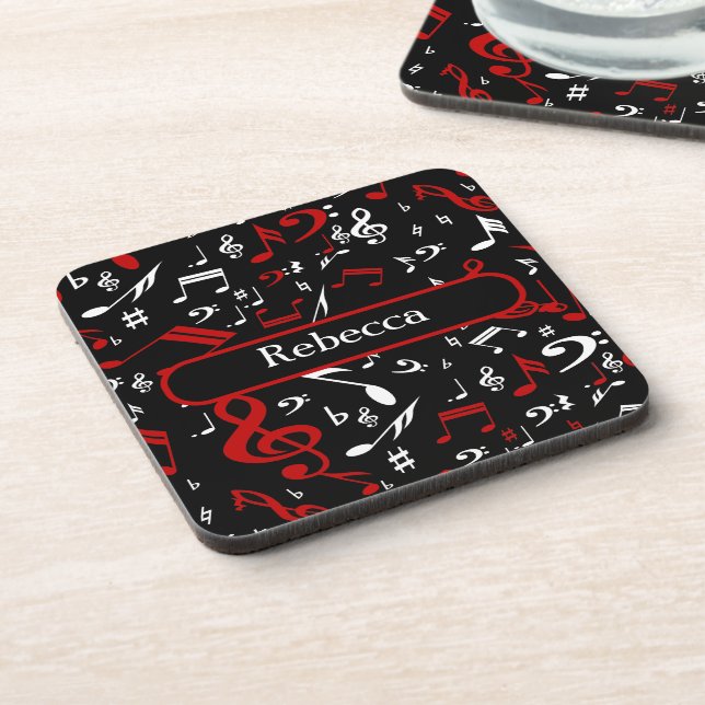 Personalised Red White and Black Musical Notes Coaster (Left Side)