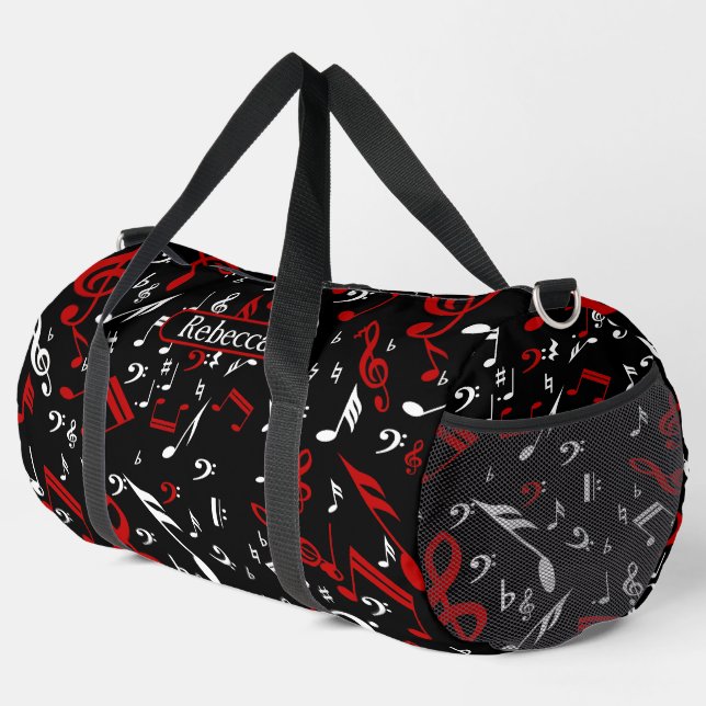 Personalised Red White and Black Musical Notes Duffle Bag (Right Corner)
