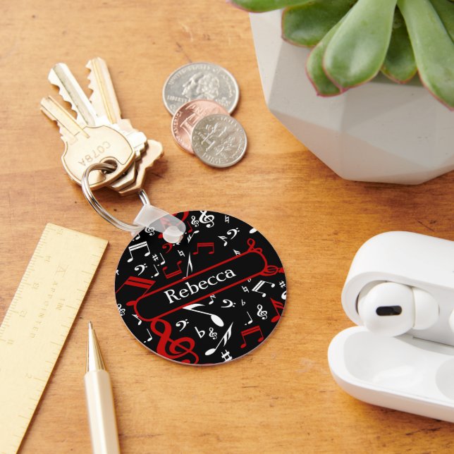 Personalised Red White and Black Musical Notes Key Ring (Desk)