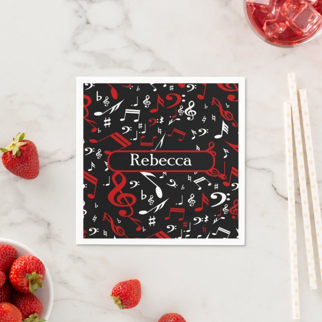 Personalised Red White and Black Musical Notes Napkin (Insitu)