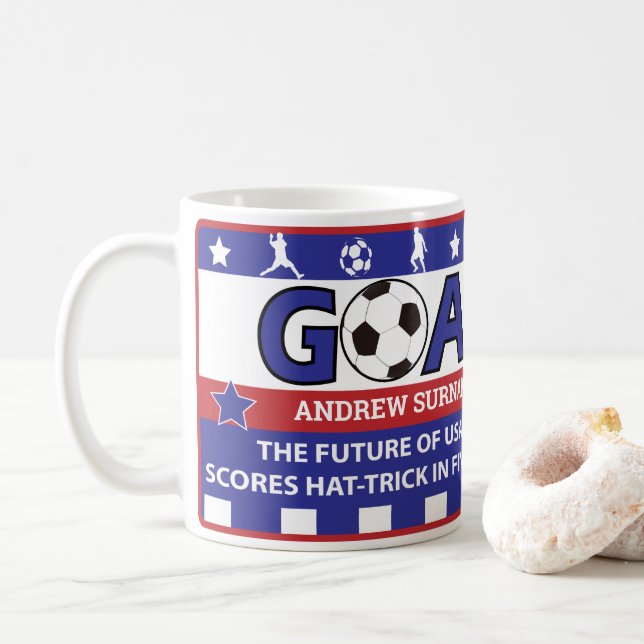 Personalised red white and blue soccer mug (With Donut)