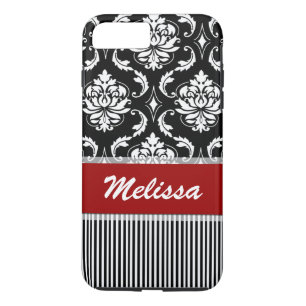 Personalised Red, White, Black Damask Striped iPhone 8 Plus/7 Plus Case