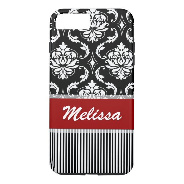 Personalised Red, White, Black Damask Striped Case-Mate iPhone Case (Back)