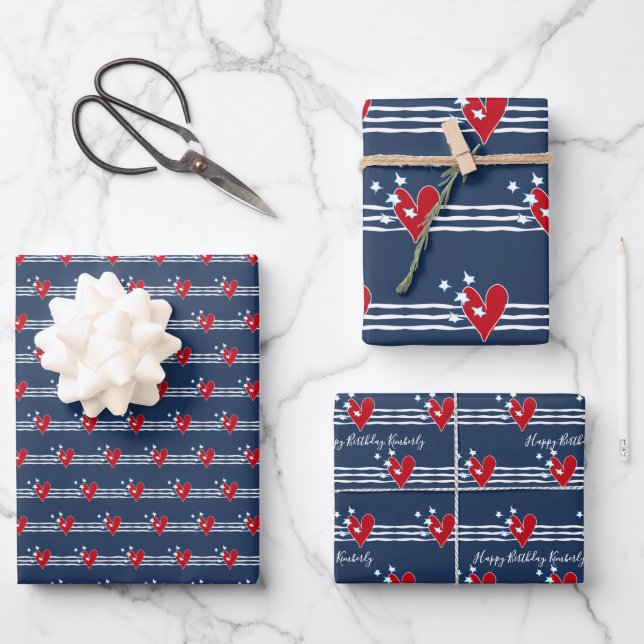 Personalised Red White Blue Birthday Wrapping Paper Sheet (Front)