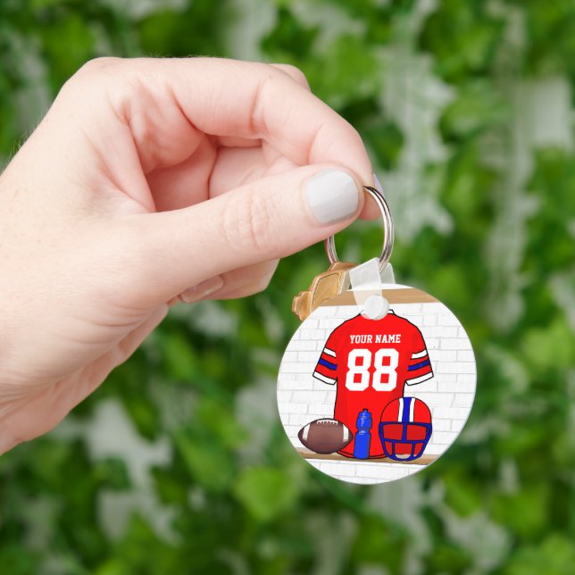 Personalised Red White Blue Football Jersey Key Ring (Hand)