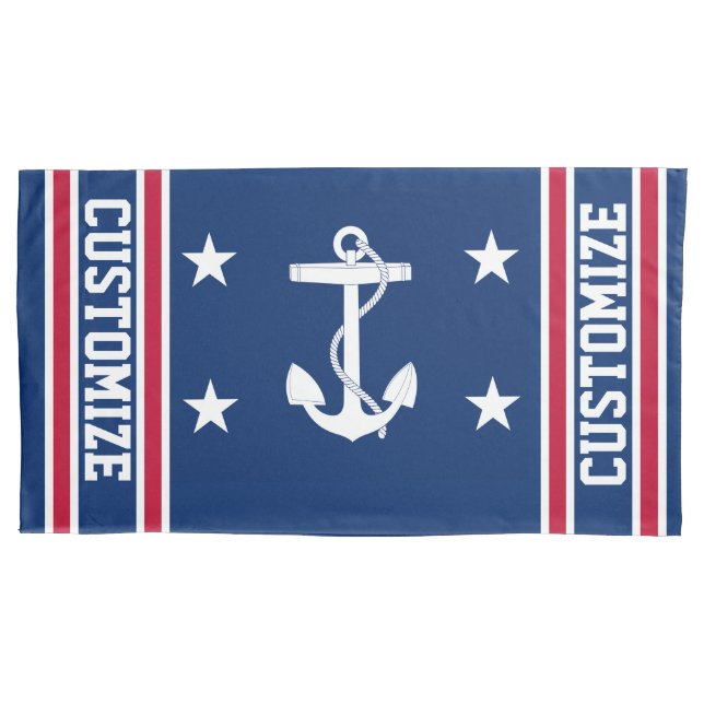 Personalised Red White & Blue Nautical Anchor Flag Pillowcase (Front)