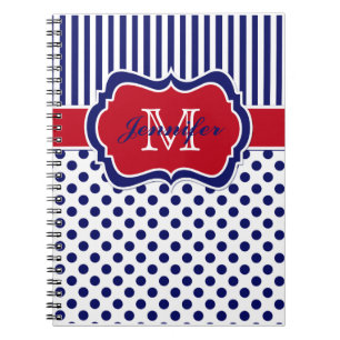 Personalised Red White Blue Striped Polka Dots Notebook