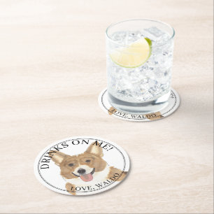 Personalised Red & White Corgi Dog Wedding Round Paper Coaster