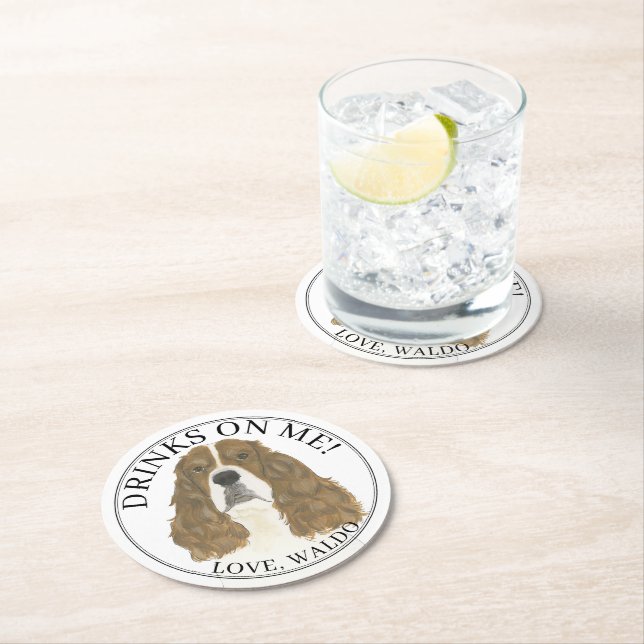 Personalised Red White English Springer Spaniel  Round Paper Coaster (Insitu)