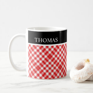 Personalised Red White Gingham Custom Name Coffee Mug