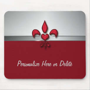 Personalised Red White Grey Fleur de Lis Heart Mouse Pad