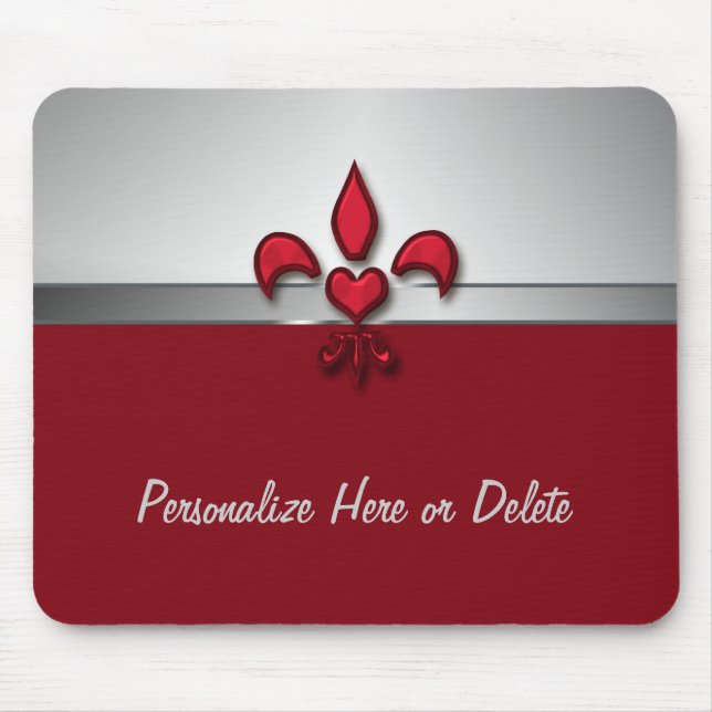 Personalised Red White Grey Fleur de Lis Heart Mouse Pad (Front)