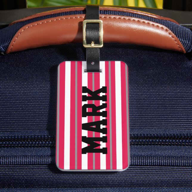 Personalised Red White Grey Stripes  Luggage Tag (Front Insitu 2)