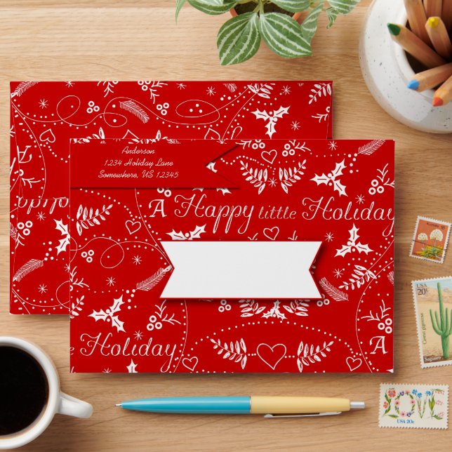 Personalised Red white Holly Happy little Holiday Envelope (Desk)
