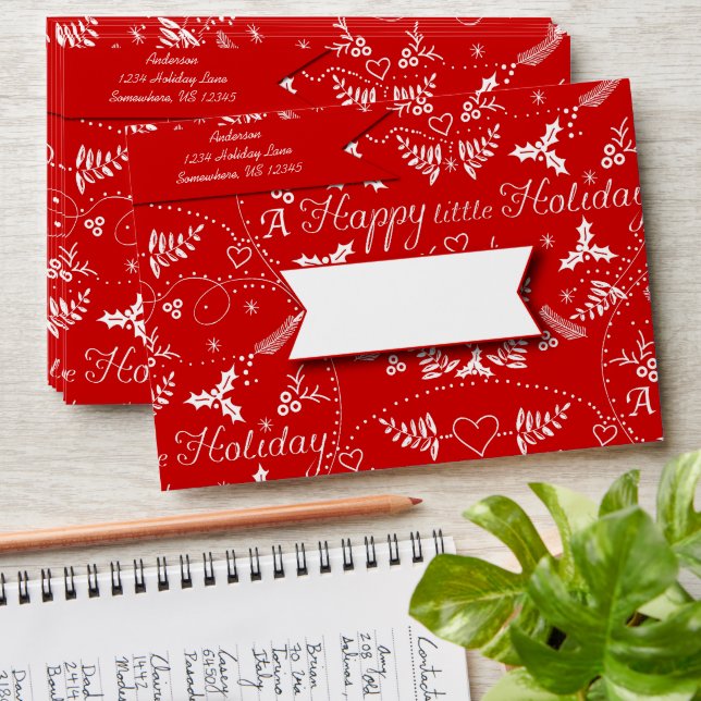 Personalised Red white Holly Happy little Holiday Envelopes (Stacked)