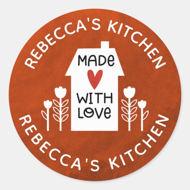 Personalised  Red White Homemade With Love Classic Round Sticker (Front)