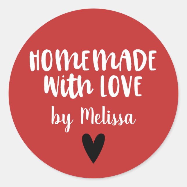 Personalised Red White Homemade With Love Classic Round Sticker (Front)