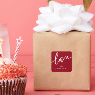 Personalised Red + White 'Love' Script Font Square Sticker