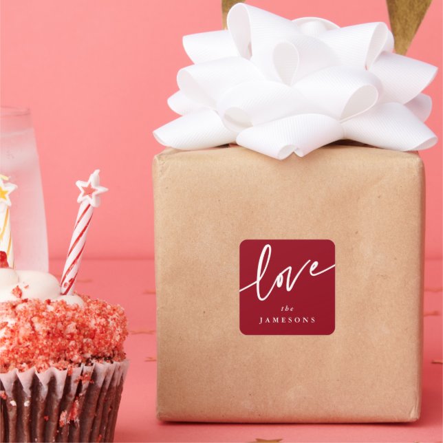 Personalised Red + White 'Love' Script Font Square Sticker (Party)