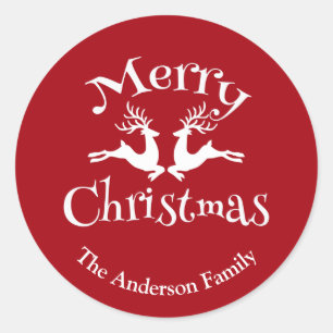Personalised Red White Merry Christmas Reindeer Classic Round Sticker