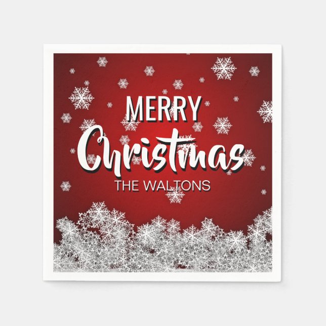 Personalised RED White MERRY CHRISTMAS Snowflakes Napkin (Front)
