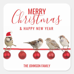Personalised RED White MERRY CHRISTMAS Sparrows Square Sticker