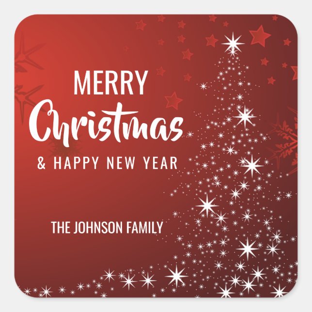 Personalised RED White MERRY CHRISTMAS Tree Lights Square Sticker (Front)