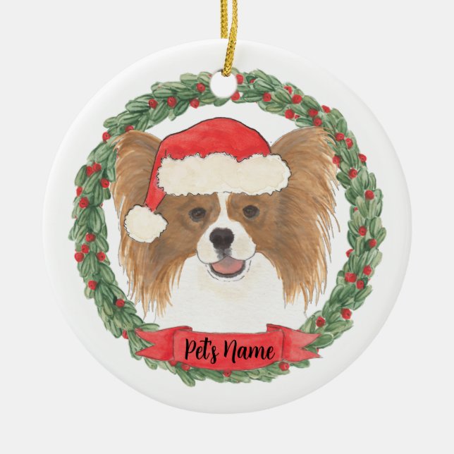 Personalised Red & White Papillon Christmas Ceramic Ornament (Front)