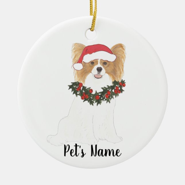Personalised Red & White Papillon Christmas Ceramic Ornament (Front)