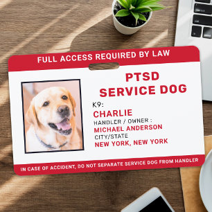 Personalised Red White PTSD Service Dog Photo ID ID Badge