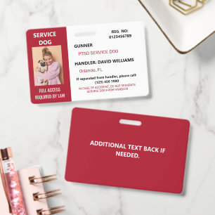 Personalised Red White Service Dog Photo ID Badge