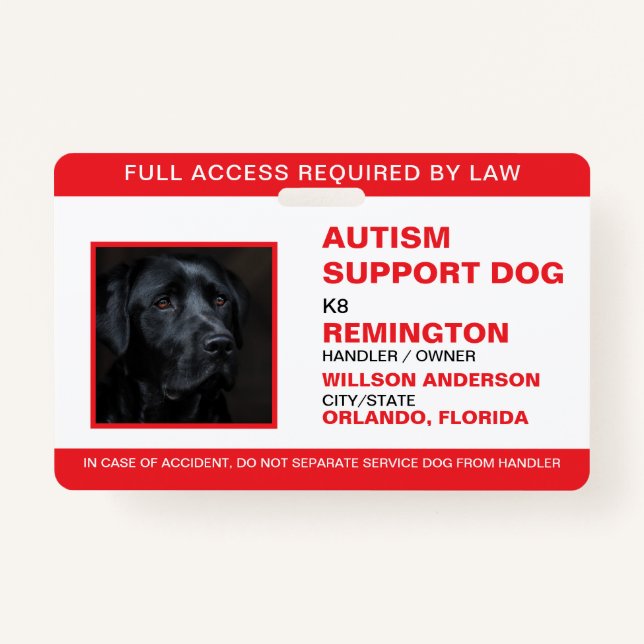 Personalised Red White Service Dog Photo ID ID Badge (Front)