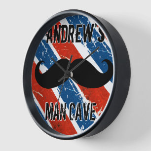 Personalised Red Whte and Blue Moustache Man Cave Clock