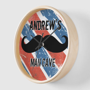 Personalised Red Whte and Blue Moustache Man Cave Wall Clock