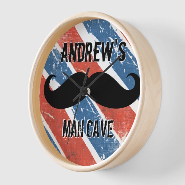 Personalised Red Whte and Blue Moustache Man Cave Wall Clock (Angle)