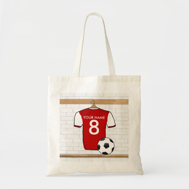 Personalised Red with White Football Soccer Jersey Tote Bag (Front)