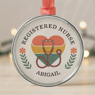 Personalised Registered Nurse Retro Heart Metal Ornament