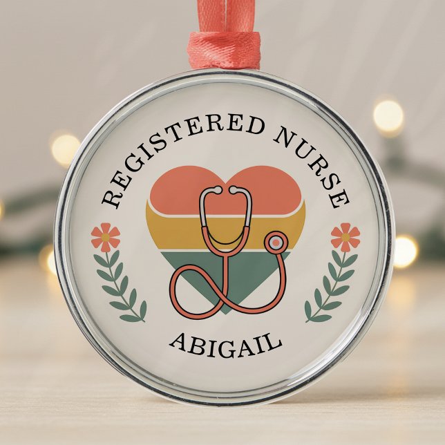 Personalised Registered Nurse Retro Heart Metal Ornament (Creator Uploaded)